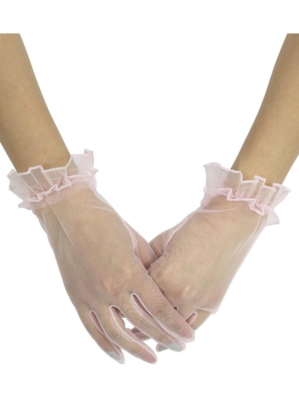 Women's Pink Ruffled Short Sheer Wrist Length Halloween Tulle Mesh Gloves